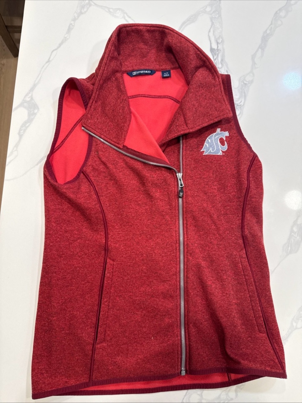 Cutter & Buck Red Heather Sleeveless Zip Vest with WSU Logo